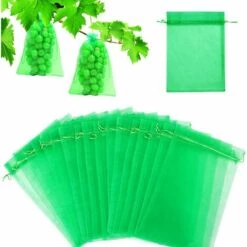 THSINDE Sac Protection Fruits 50 Pièces, Sachet Protection Raisin 20x 30cm Jardin Sac Organza Avec Cordon Contre Guêpe Drosophile Scarabées Oiseaux (Vert)